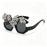 Black Exaggerated Luxury Statement Floral Rhinestone Sunglasses