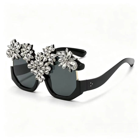 Black Exaggerated Luxury Statement Floral Rhinestone Sunglasses