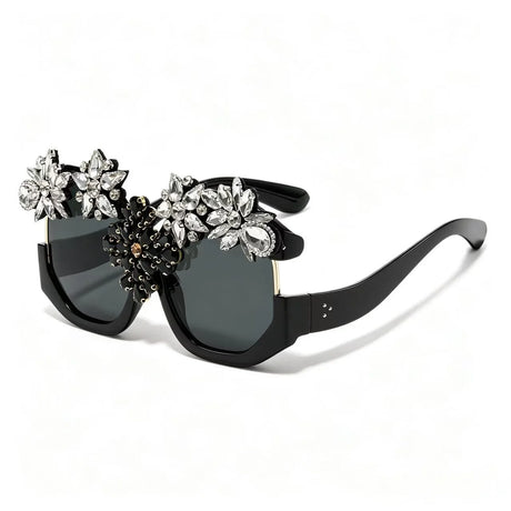 Black Exaggerated Luxury Statement Floral Rhinestone Sunglasses