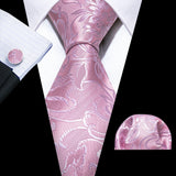 Pink Exquisite Silk Pocket Square Cufflinks Tie Set