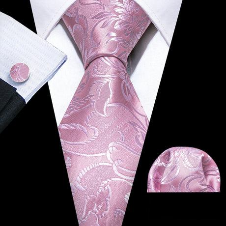 Pink Exquisite Silk Pocket Square Cufflinks Tie Set