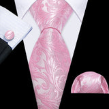 Pink Exquisite Silk Pocket Square Cufflinks Tie Set