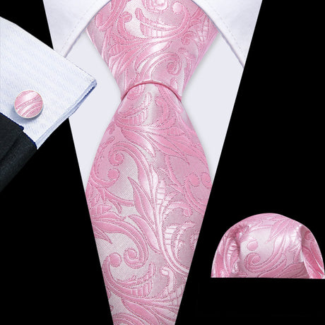 Pink Exquisite Silk Pocket Square Cufflinks Tie Set