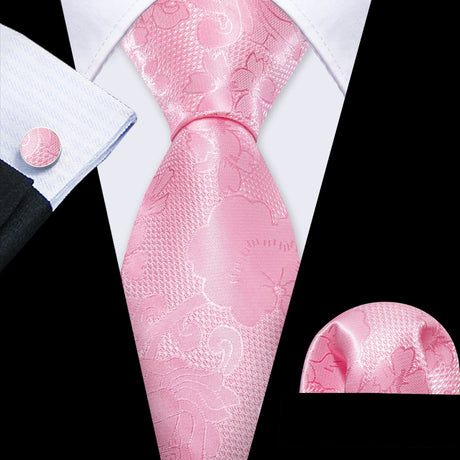 Pink Exquisite Silk Pocket Square Cufflinks Tie Set
