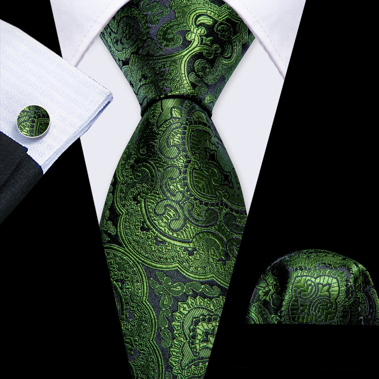Green Exquisite Silk Pocket Square Cufflinks Tie Set