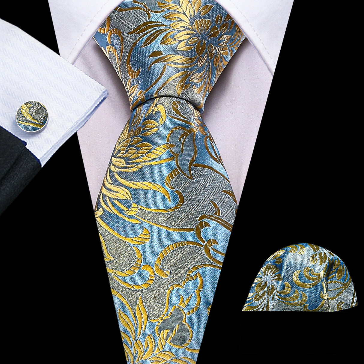 Gold Exquisite Silk Pocket Square Cufflinks Tie Set