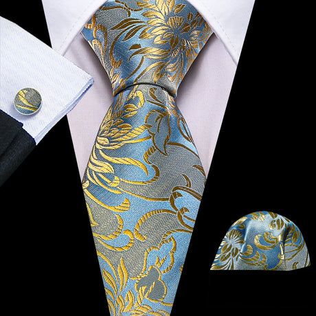 Gold Exquisite Silk Pocket Square Cufflinks Tie Set
