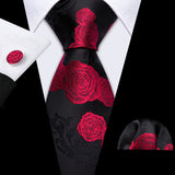 Black Red Exquisite Silk Pocket Square Cufflinks Tie Set