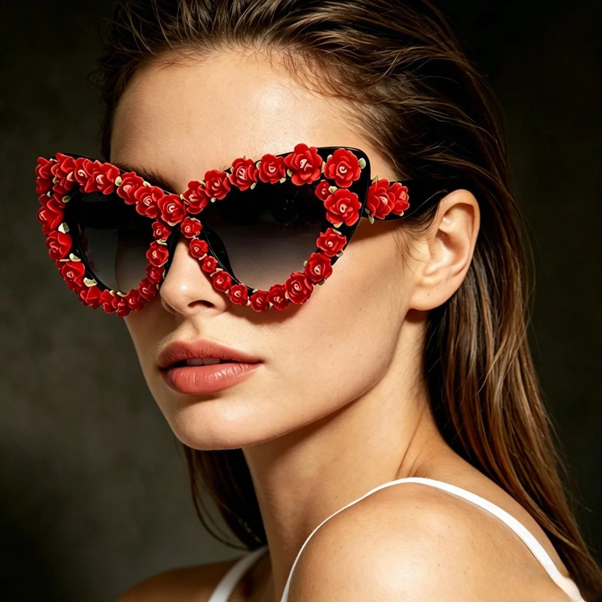 Model Using Fashion Baroque Floral Gradient lens Cat Eye 3D Sunglasses