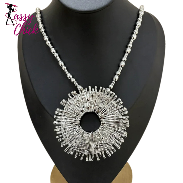 Fashion Beaded Rhinestone Round Pendant Necklace Sassy Chick Logo