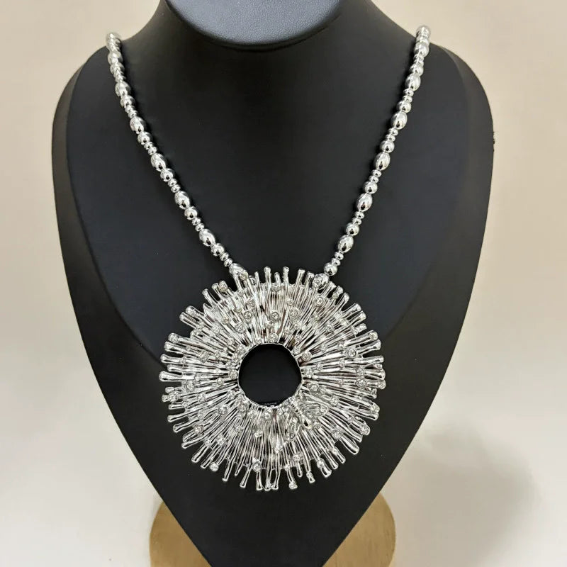 Silver Fashion Beaded Rhinestone Round Pendant Necklace
