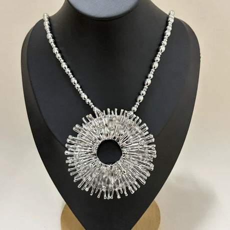 Silver Fashion Beaded Rhinestone Round Pendant Necklace