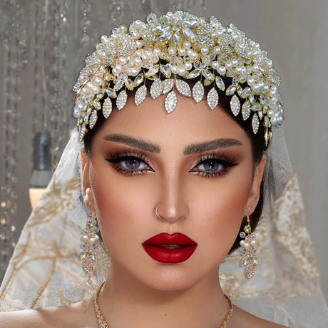 Bride using gold silver hair piece 