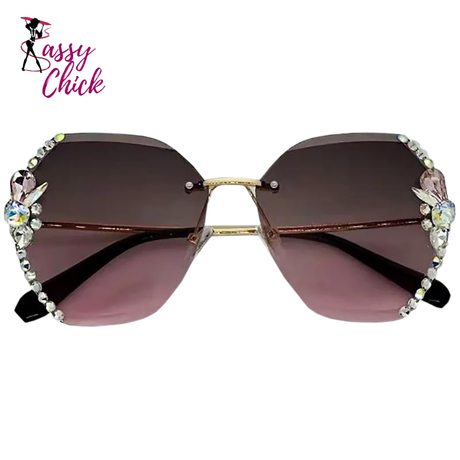 Fashion Diamond Slim Crystal Rimless Sunglasses Sassy Chick Logo
