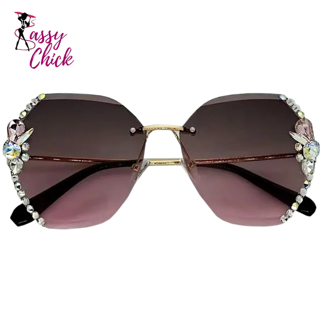Fashion Diamond Slim Crystal Rimless Sunglasses Sassy Chick Logo
