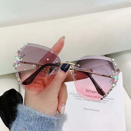 Pink Fashion Diamond Slim Crystal Rimless Sunglasses
