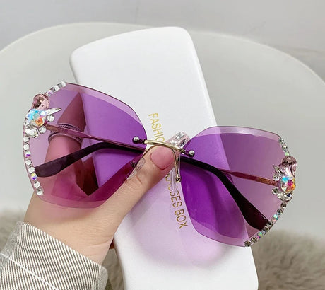 Purple Fashion Diamond Slim Crystal Rimless Sunglasses