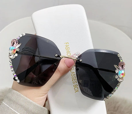 Black Fashion Diamond Slim Crystal Rimless Sunglasses