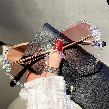 Fashion Diamond Slim Crystal Rimless Sunglasses
