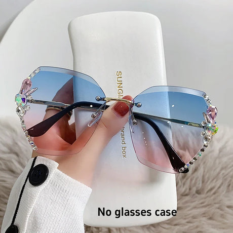 Blue Fashion Diamond Slim Crystal Rimless Sunglasses
