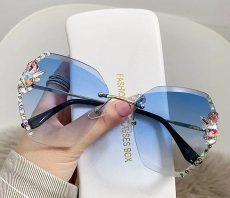 Blue Fashion Diamond Slim Crystal Rimless Sunglasses