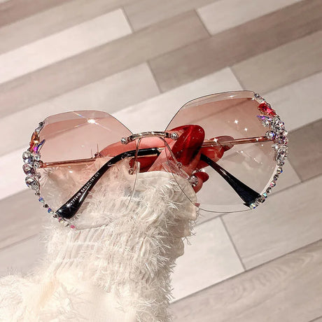 Pink Fashion Diamond Slim Crystal Rimless Sunglasses