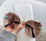 Brown Fashion Diamond Slim Crystal Rimless Sunglasses