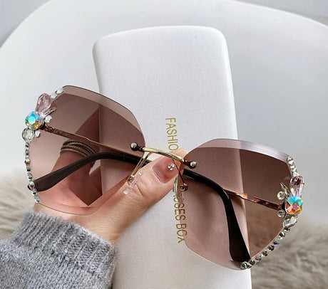 Brown Fashion Diamond Slim Crystal Rimless Sunglasses
