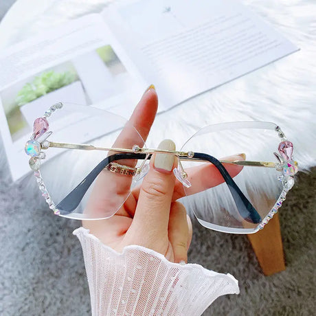 Fashion Diamond Slim Crystal Rimless Sunglasses