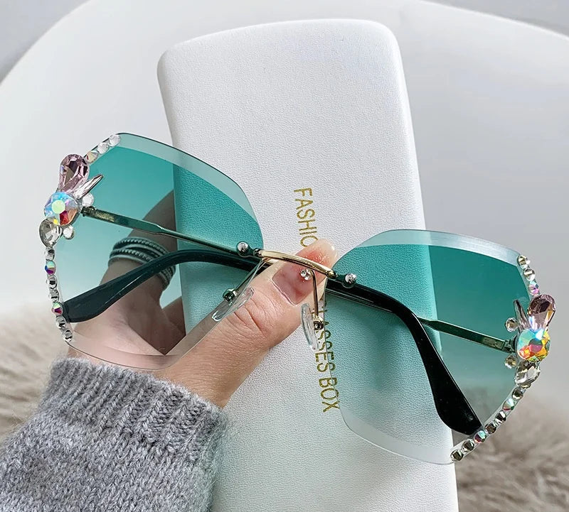 Green Fashion Diamond Slim Crystal Rimless Sunglasses