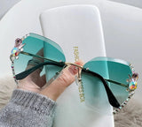 Green Fashion Diamond Slim Crystal Rimless Sunglasses