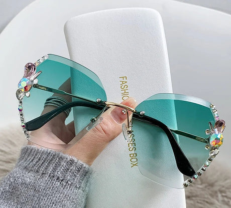Green Fashion Diamond Slim Crystal Rimless Sunglasses