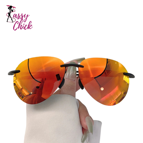 Fashion Polarized Mirror Rimless Pilot Sunglasses Sassy Chick Logo