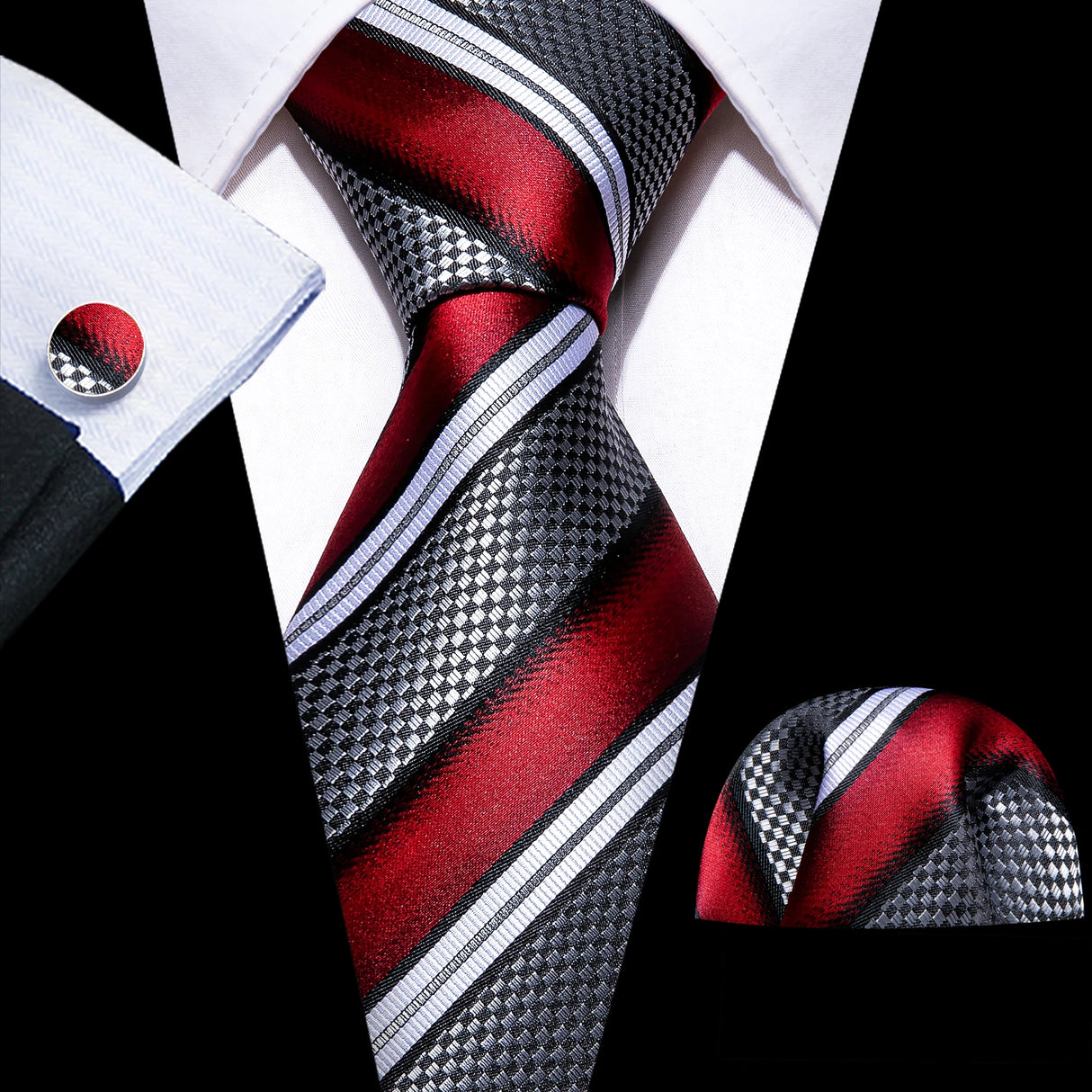 Fashion Red Woven Hanky Cufflinks Ties Set