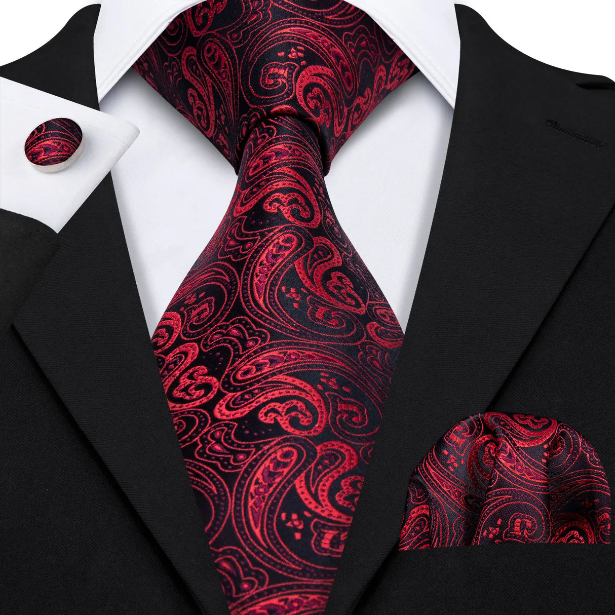 Fashion Red Woven Hanky Cufflinks Ties Set