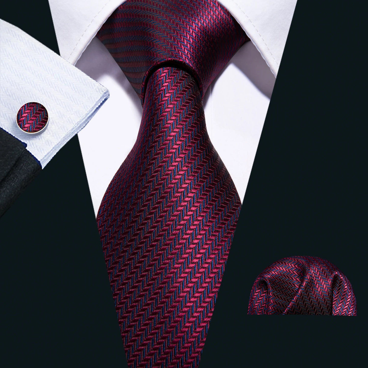 Fashion Red Woven Hanky Cufflinks Ties Set