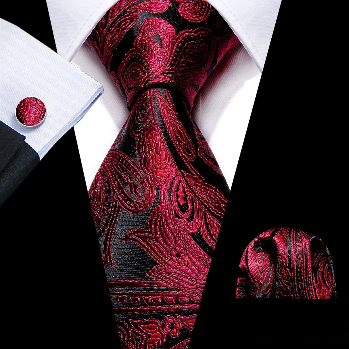 Fashion Red Woven Hanky Cufflinks Ties Set