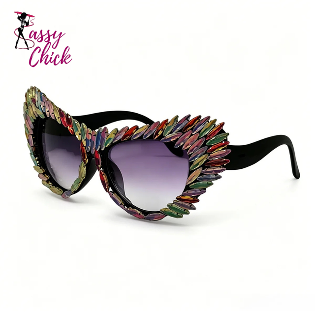 Fashion Retro Rhinestone Gradient UV400 Punk Sunglasses Sassy Chick Logo
