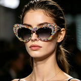 Model Using Fashion Retro Rhinestone Gradient UV400 Punk Sunglasses