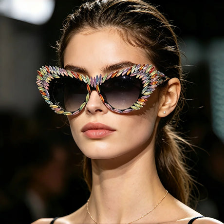 Model Using Fashion Retro Rhinestone Gradient UV400 Punk Sunglasses