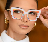 Model using Fashion Square Anti-Blue Light Reading Glasses