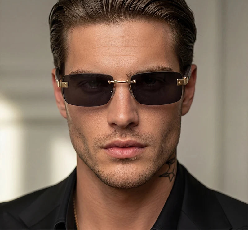 Model Using Fashion Square Rimless Sunglasses