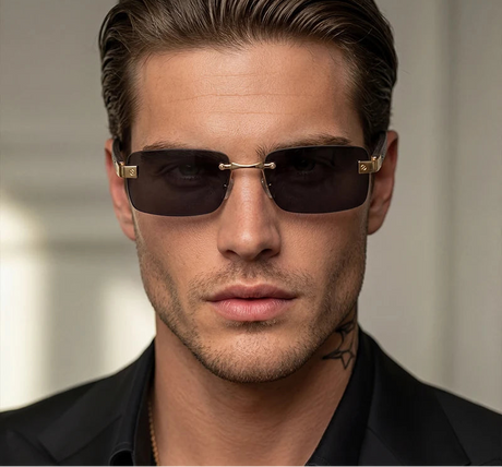 Model Using Fashion Square Rimless Sunglasses