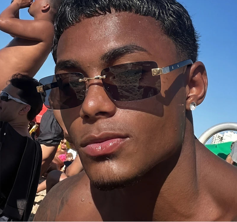 Model Using Fashion Square Rimless Sunglasses