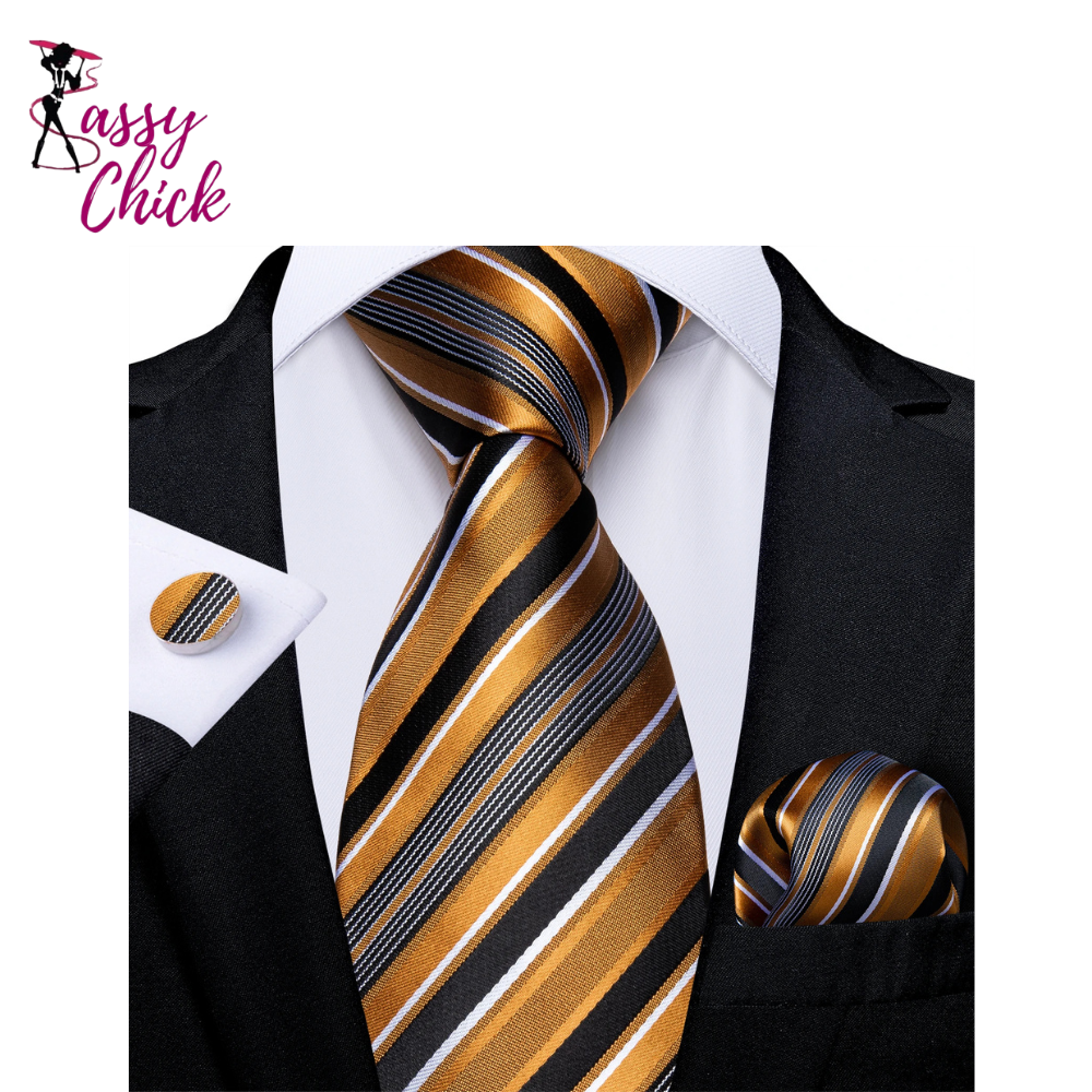 Fashion Striped Silk Tie Set Handkerchief Cufflinks Sassy Chick Logo