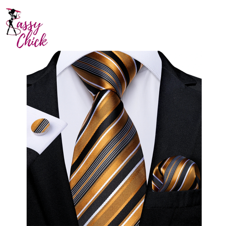 Fashion Striped Silk Tie Set Handkerchief Cufflinks Sassy Chick Logo