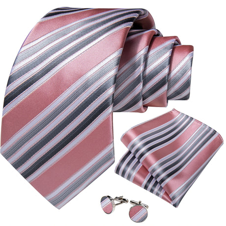 Pink Fashion Striped Silk Tie Set Handkerchief Cufflinks