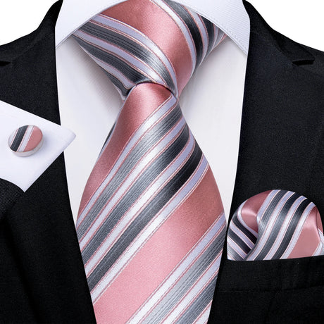 Pink Fashion Striped Silk Tie Set Handkerchief Cufflinks