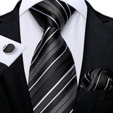 Black Fashion Striped Silk Tie Set Handkerchief Cufflinks