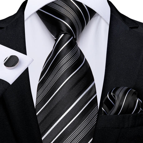 Black Fashion Striped Silk Tie Set Handkerchief Cufflinks